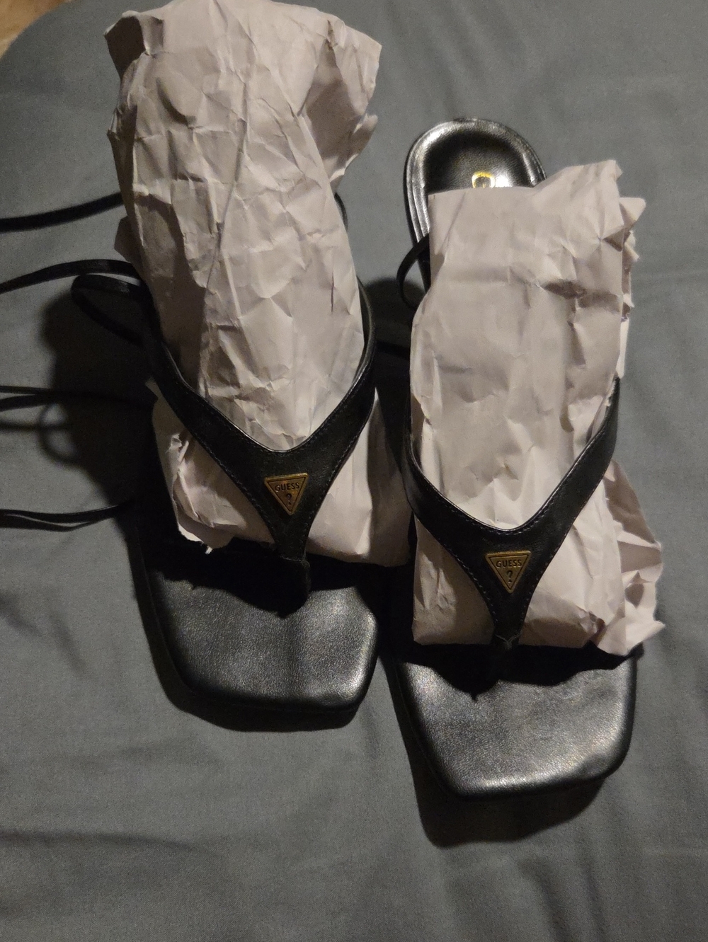 Guess Black Leather Square-Toe Thong Sandals with Gold Triangle Logo